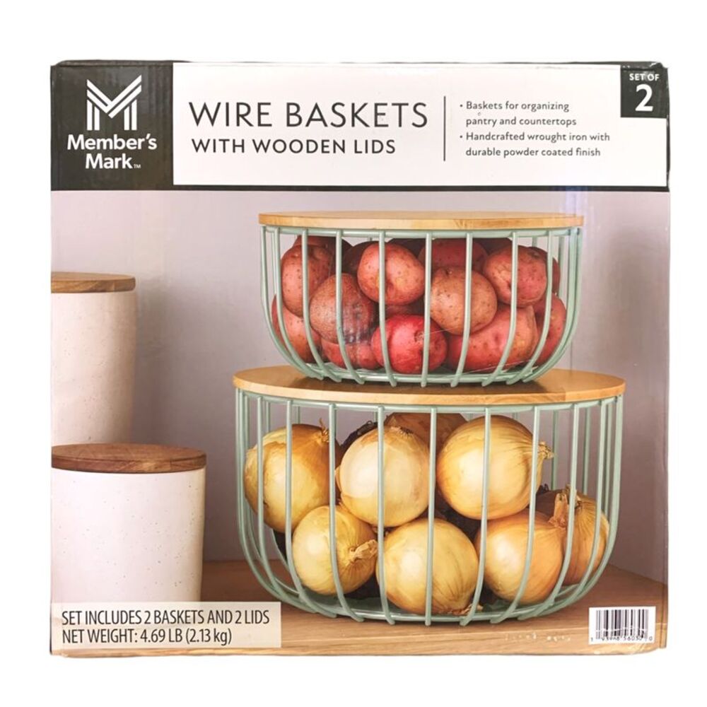 Member's Mark Wire Baskets with Wooden Lids, Set of 2 - Light Green